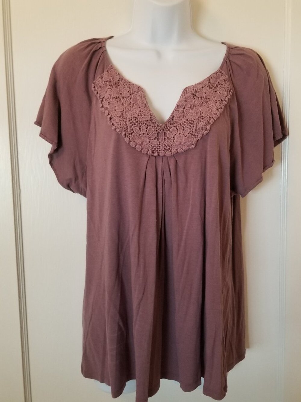 Ann Taylor Loft Women's Lace-Trim Short Sleeve Top - Dusty Mauve